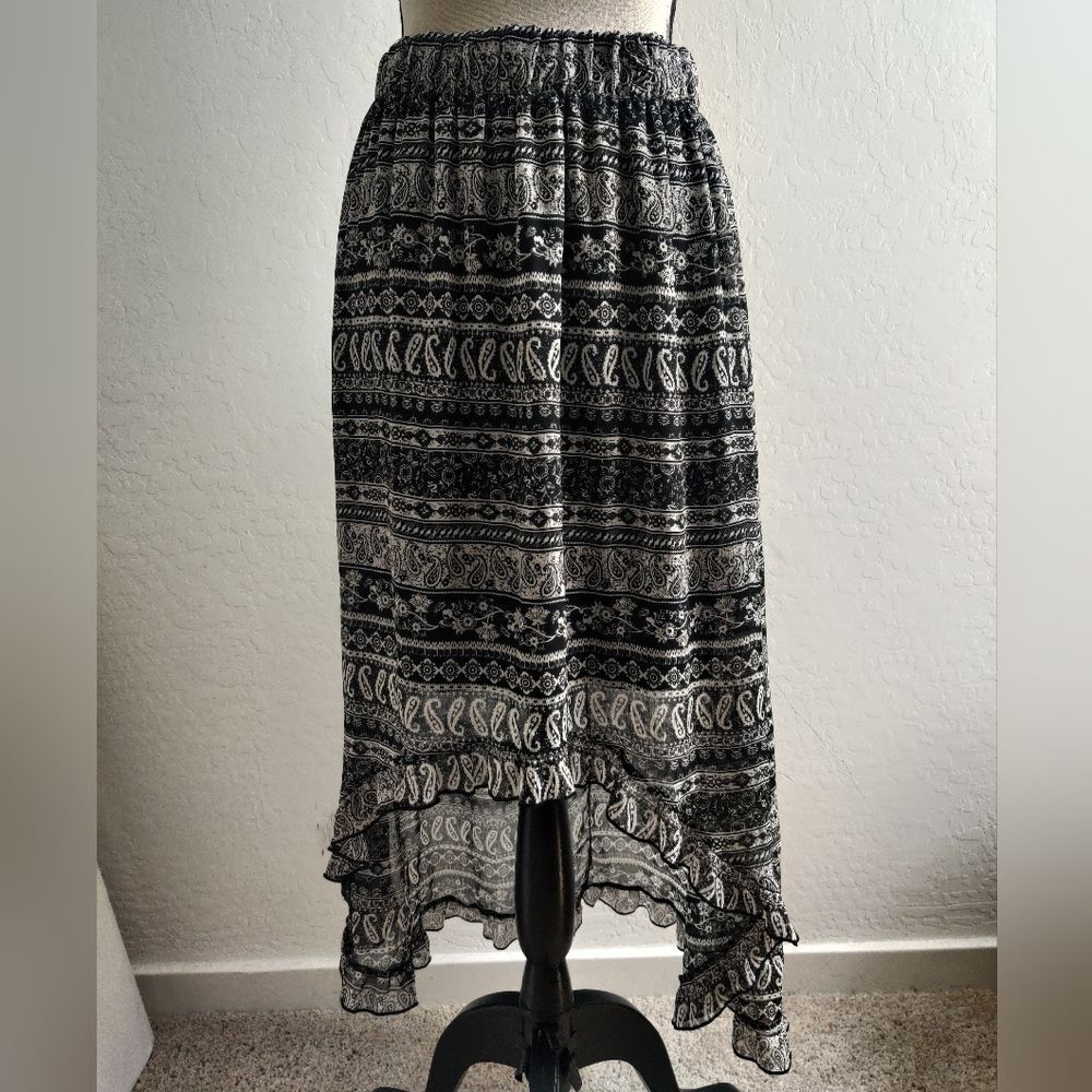 No boundaries Black & gray Paisley floral striped Whimsigoth high-low skirt_XL